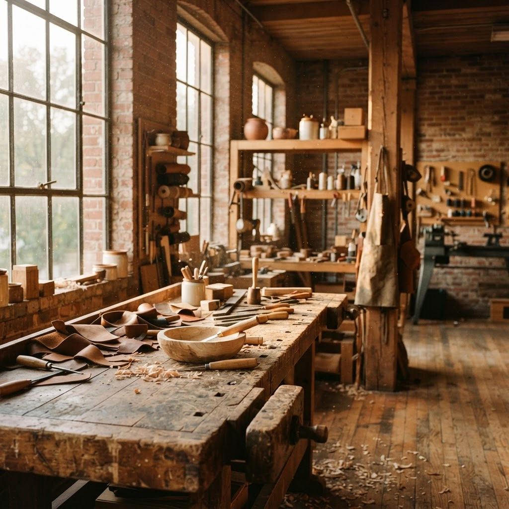 A sunlit workshop bench with leather scraps, hand tools and a half-finished wooden bowl